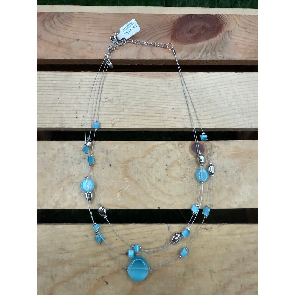 Lia Sophia “Blue Lagoon” 3-Strand Silver Necklace-Blue Glass Cat’s Eye
